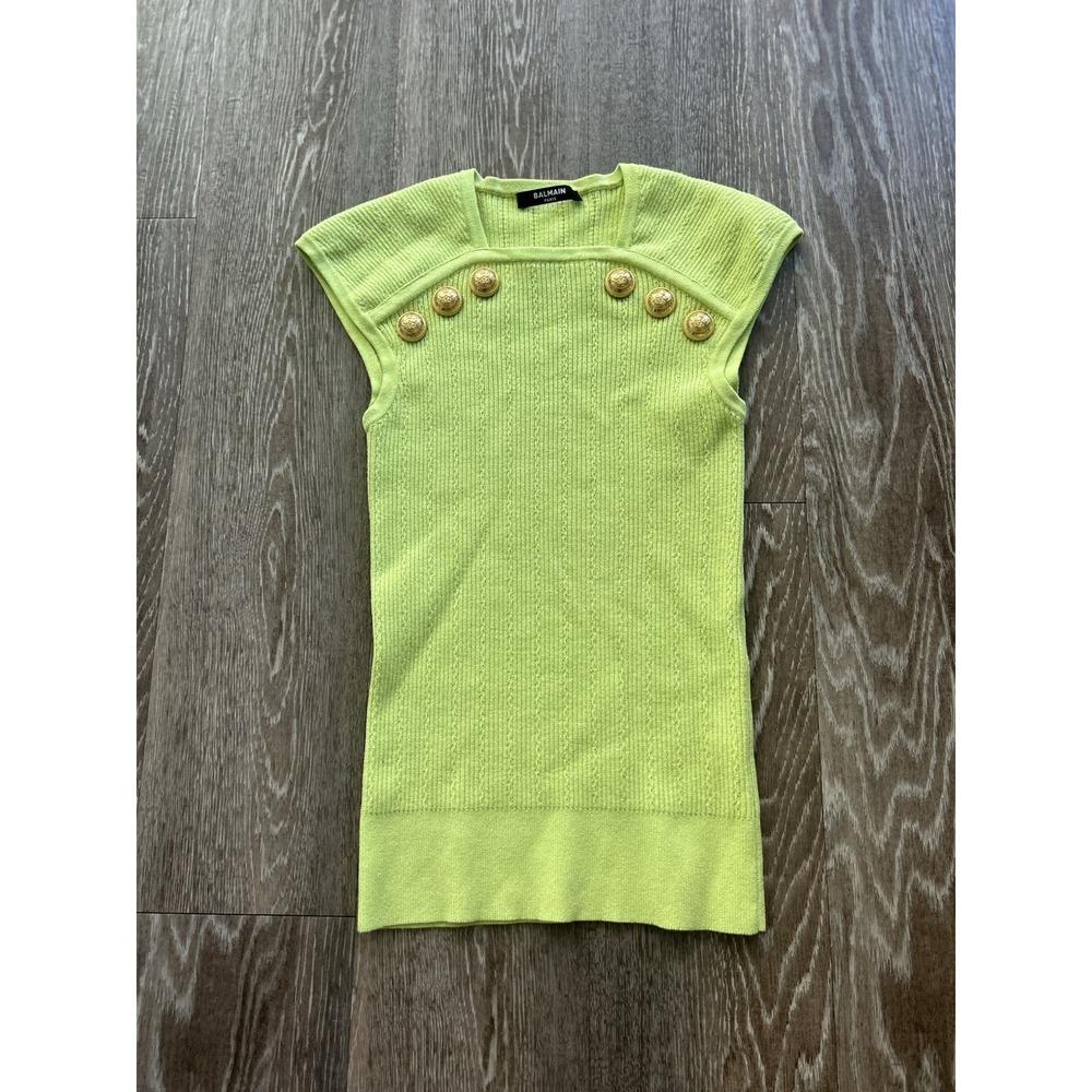 Balmain Neon Green Top Gold Button Euro Summer Beach Luxury Selling The OC - Picture 2 of 8